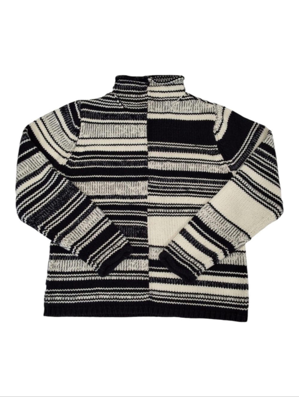 Northern Isles~Women VTG Stripe Yin Yang Mock Sweater~Cable Knit~Black White~MED